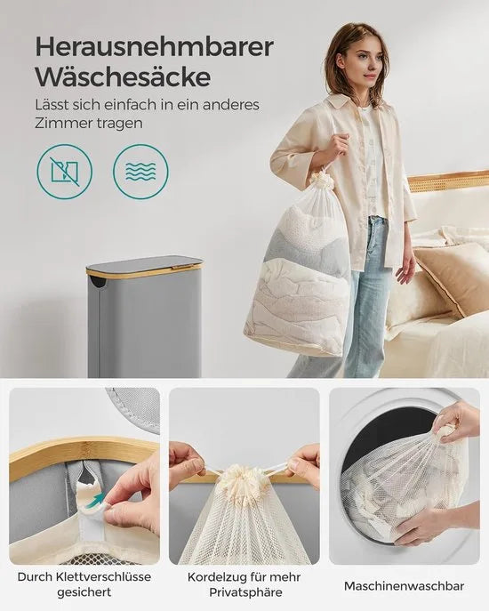 FurnStar - Wasmand - 65 liter - wasverzamelaar met deksel - opvouwbaar - uitneembare waszak - Oxford-weefsel - handgrepen van bamboe - inklapbaar - 42 x 22,5 x 70,5 cm - duifgrijs