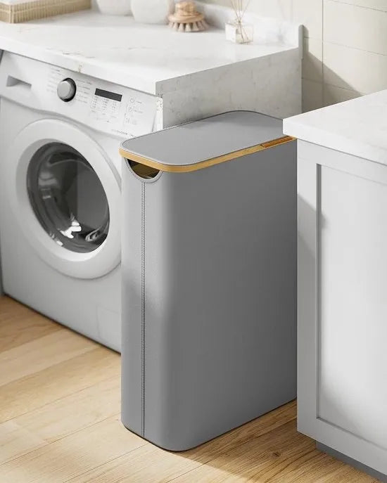 FurnStar - Wasmand - 65 liter - wasverzamelaar met deksel - opvouwbaar - uitneembare waszak - Oxford-weefsel - handgrepen van bamboe - inklapbaar - 42 x 22,5 x 70,5 cm - duifgrijs