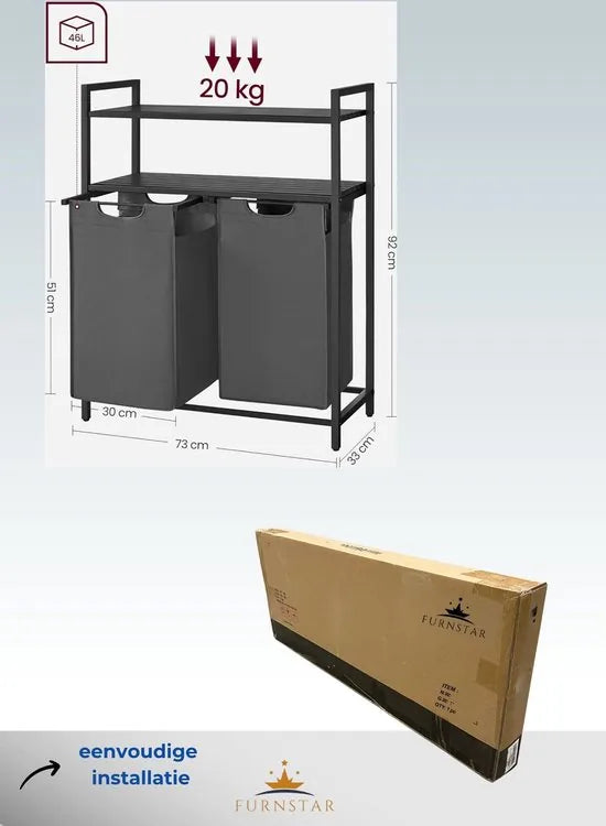 Furnstar - Wasmand met 2 planken - 2x46 L - 73×33×92cm - Grijs