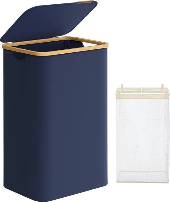 FurnStar - Wasmand met deksel - wasverzamelaar 90 l - uitneembare waszak - Oxford-weefsel - handgrepen van bamboe - inklapbaar - 42 x 32 x 70,5 cm - Antracietblauw