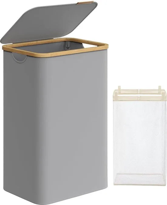 FurnStar - Wasmand met deksel - wasverzamelaar 90 l - uitneembare waszak - Oxford-weefsel - handgrepen van bamboe - inklapbaar - 42 x 32 x 70,5 cm - camelbruin – Duifgrijs