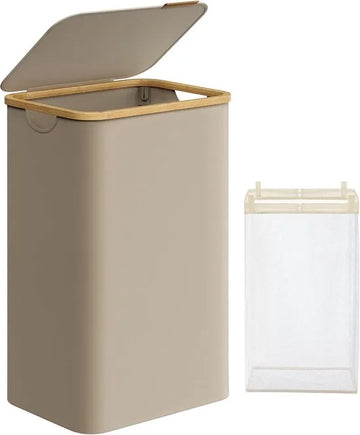 FurnStar - Wasmand met deksel - wasverzamelaar 90 l - uitneembare waszak - Oxford-weefsel - handgrepen van bamboe - inklapbaar - 42 x 32 x 70,5 cm - camelbruin