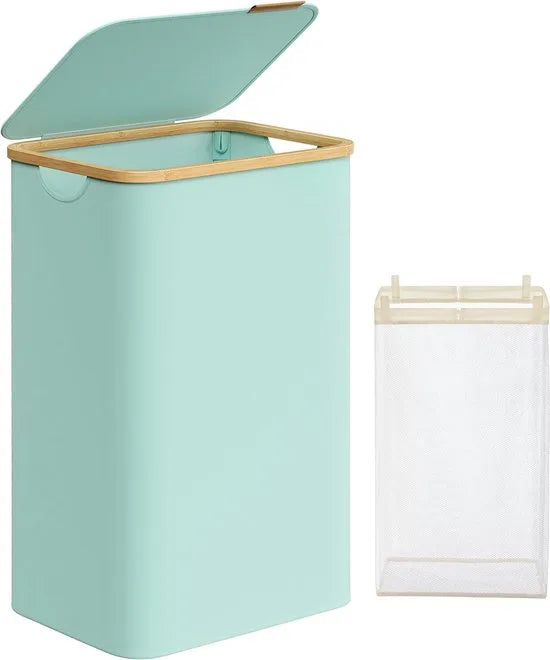 FurnStar - Wasmand met deksel - wasverzamelaar 90 l - uitneembare waszak - Oxford-weefsel - handgrepen van bamboe - inklapbaar - 42 x 32 x 70,5 cm - camelbruin – Mintgroen