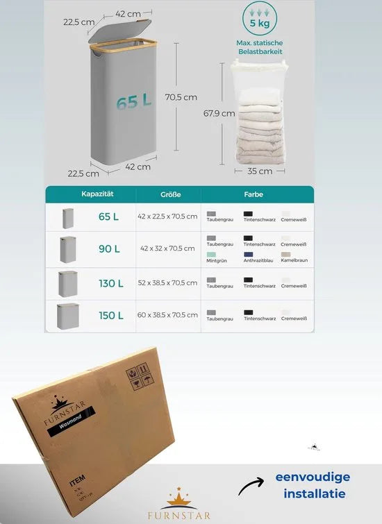 FurnStar - Wasmand met deksel - wasverzamelaar 90 l - uitneembare waszak - Oxford-weefsel - handgrepen van bamboe - inklapbaar - 42 x 32 x 70,5 cm - camelbruin – Duifgrijs