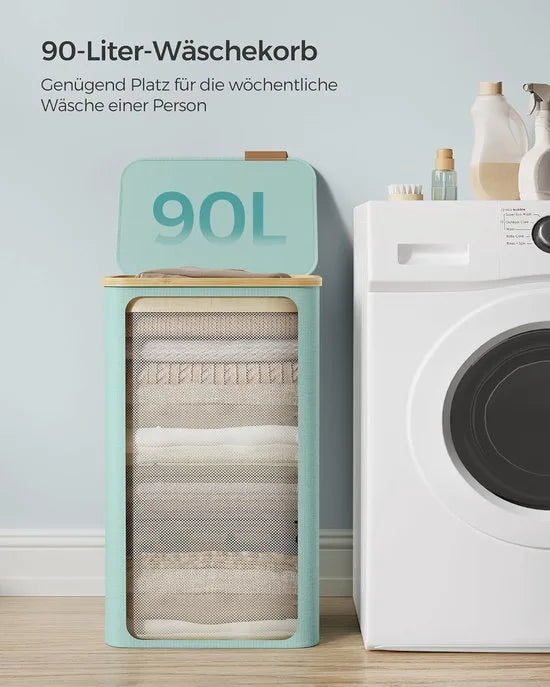 FurnStar - Wasmand met deksel - wasverzamelaar 90 l - uitneembare waszak - Oxford-weefsel - handgrepen van bamboe - inklapbaar - 42 x 32 x 70,5 cm - camelbruin – Mintgroen