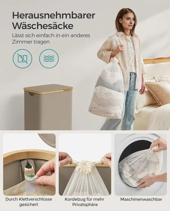FurnStar - Wasmand met deksel - wasverzamelaar 90 l - uitneembare waszak - Oxford-weefsel - handgrepen van bamboe - inklapbaar - 42 x 32 x 70,5 cm - camelbruin