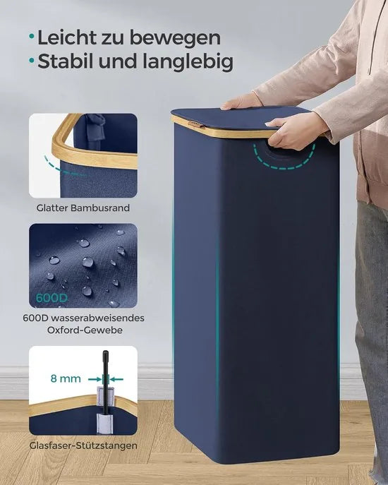 FurnStar - Wasmand met deksel - wasverzamelaar 90 l - uitneembare waszak - Oxford-weefsel - handgrepen van bamboe - inklapbaar - 42 x 32 x 70,5 cm - camelbruin – Antracietblauw