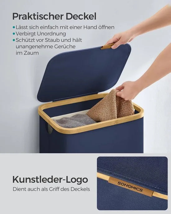 FurnStar - Wasmand met deksel - wasverzamelaar 90 l - uitneembare waszak - Oxford-weefsel - handgrepen van bamboe - inklapbaar - 42 x 32 x 70,5 cm - camelbruin – Antracietblauw