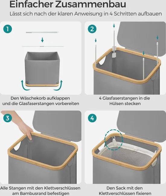 FurnStar - Wasmand met deksel - wasverzamelaar 90 l - uitneembare waszak - Oxford-weefsel - handgrepen van bamboe - inklapbaar - 42 x 32 x 70,5 cm - camelbruin – Duifgrijs