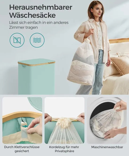 FurnStar - Wasmand met deksel - wasverzamelaar 90 l - uitneembare waszak - Oxford-weefsel - handgrepen van bamboe - inklapbaar - 42 x 32 x 70,5 cm - camelbruin – Mintgroen