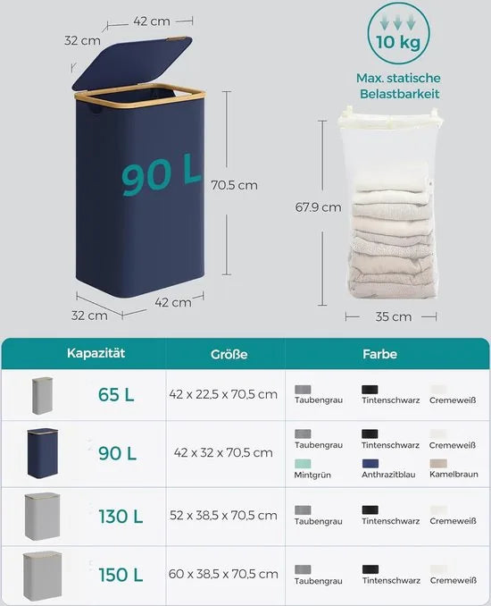 FurnStar - Wasmand met deksel - wasverzamelaar 90 l - uitneembare waszak - Oxford-weefsel - handgrepen van bamboe - inklapbaar - 42 x 32 x 70,5 cm - camelbruin – Antracietblauw