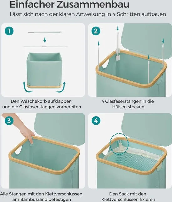 FurnStar - Wasmand met deksel - wasverzamelaar 90 l - uitneembare waszak - Oxford-weefsel - handgrepen van bamboe - inklapbaar - 42 x 32 x 70,5 cm - camelbruin – Mintgroen