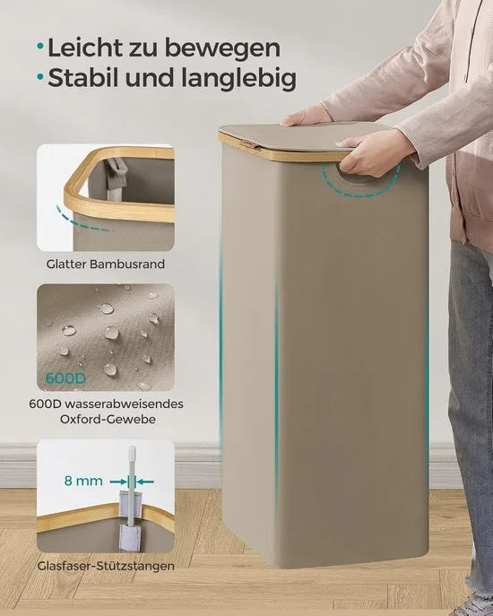 FurnStar - Wasmand met deksel - wasverzamelaar 90 l - uitneembare waszak - Oxford-weefsel - handgrepen van bamboe - inklapbaar - 42 x 32 x 70,5 cm - camelbruin