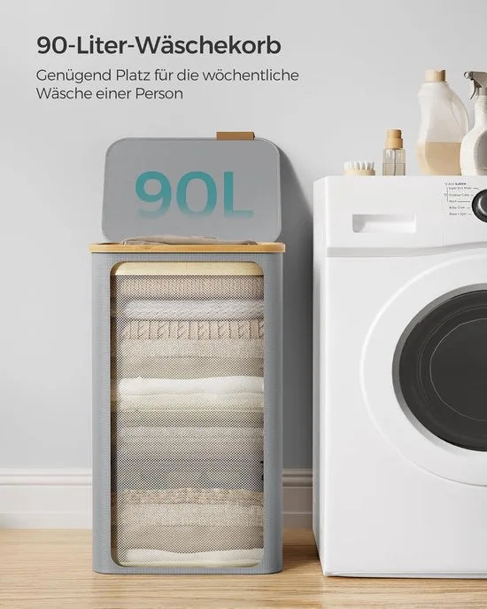 FurnStar - Wasmand met deksel - wasverzamelaar 90 l - uitneembare waszak - Oxford-weefsel - handgrepen van bamboe - inklapbaar - 42 x 32 x 70,5 cm - camelbruin – Duifgrijs