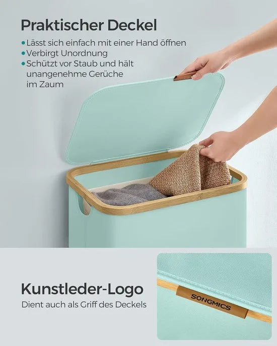 FurnStar - Wasmand met deksel - wasverzamelaar 90 l - uitneembare waszak - Oxford-weefsel - handgrepen van bamboe - inklapbaar - 42 x 32 x 70,5 cm - camelbruin – Mintgroen