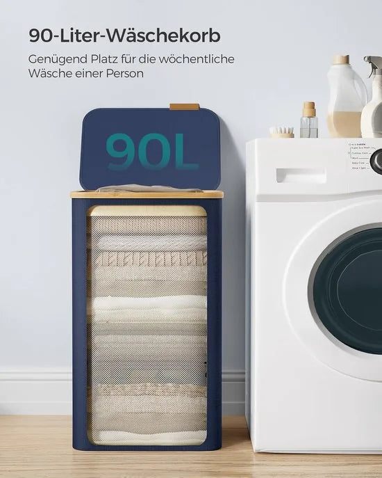 FurnStar - Wasmand met deksel - wasverzamelaar 90 l - uitneembare waszak - Oxford-weefsel - handgrepen van bamboe - inklapbaar - 42 x 32 x 70,5 cm - camelbruin – Antracietblauw
