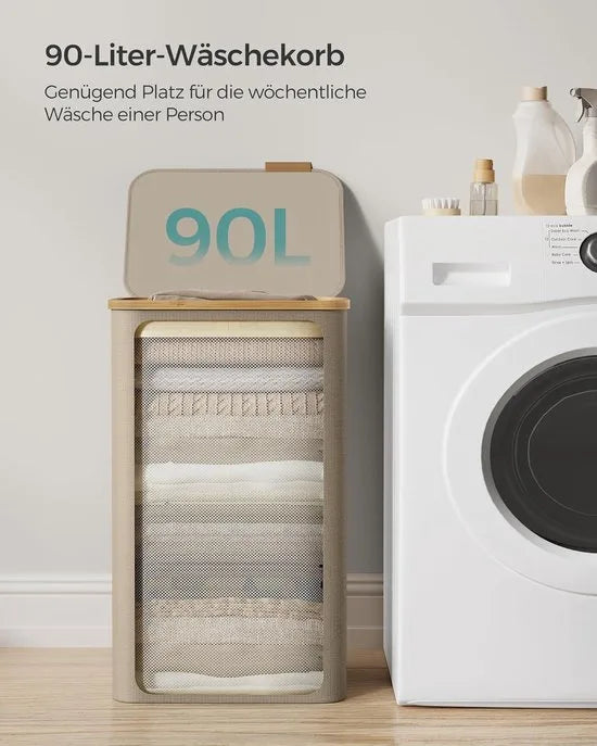 FurnStar - Wasmand met deksel - wasverzamelaar 90 l - uitneembare waszak - Oxford-weefsel - handgrepen van bamboe - inklapbaar - 42 x 32 x 70,5 cm - camelbruin