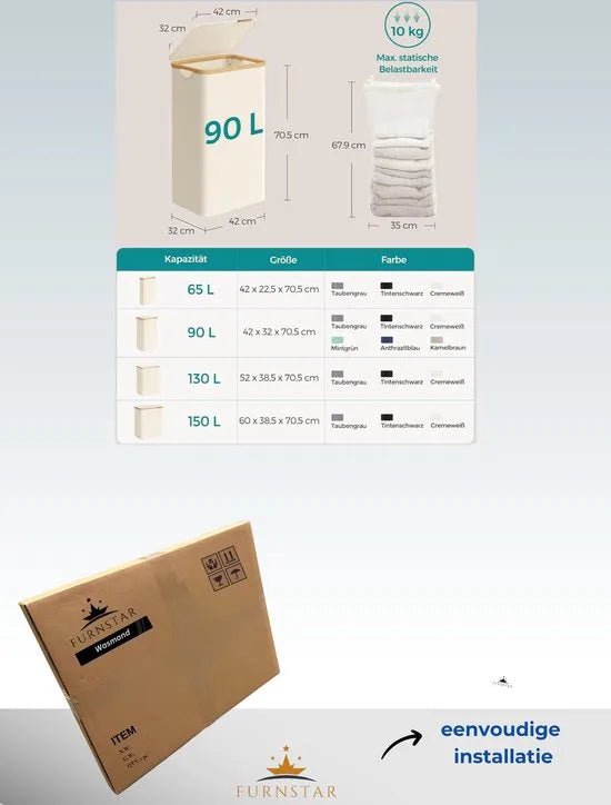 FurnStar- Wasmand - met deksel - wasverzamelaar 90 liter - uitneembare waszak - Oxford-weefsel - handgrepen van bamboe - inklapbaar - 42 x 32 x 70,5 cm - cremewit