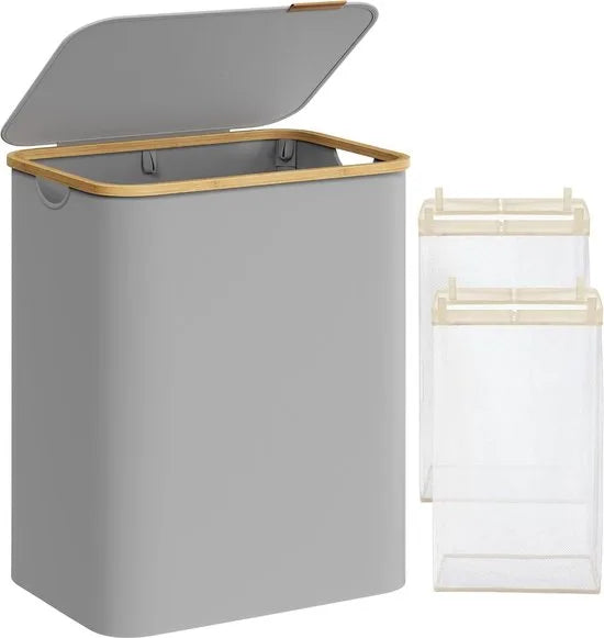 FurnStar - Wasmand met deksel - Wasverzamelaar met 2 vakken - 130 Lt - Uitneembare waszak - Oxford-weefsel - Handgrepen van bamboe - Inklapbaar - 52 x 38,5 x 70,5 cm - cremewit – Duifgrijs