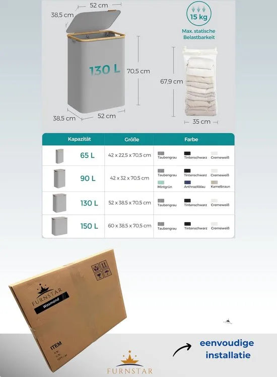 FurnStar - Wasmand met deksel - Wasverzamelaar met 2 vakken - 130 Lt - Uitneembare waszak - Oxford-weefsel - Handgrepen van bamboe - Inklapbaar - 52 x 38,5 x 70,5 cm - cremewit – Duifgrijs