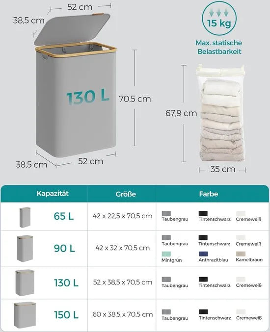 FurnStar - Wasmand met deksel - Wasverzamelaar met 2 vakken - 130 Lt - Uitneembare waszak - Oxford-weefsel - Handgrepen van bamboe - Inklapbaar - 52 x 38,5 x 70,5 cm - cremewit – Duifgrijs