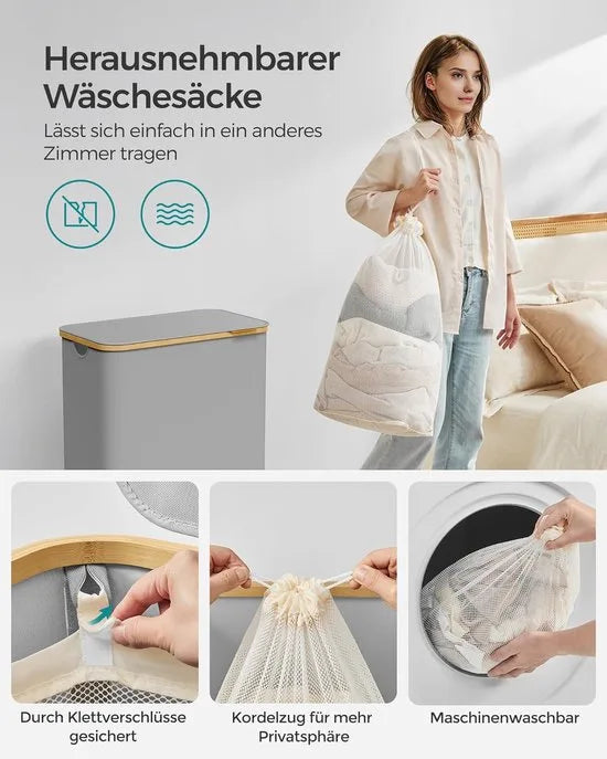 FurnStar - Wasmand met deksel - Wasverzamelaar met 2 vakken - 130 Lt - Uitneembare waszak - Oxford-weefsel - Handgrepen van bamboe - Inklapbaar - 52 x 38,5 x 70,5 cm - cremewit – Duifgrijs