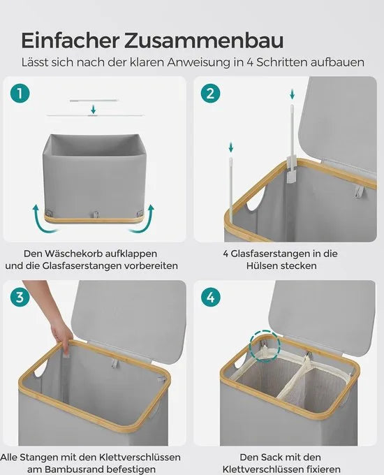 FurnStar - Wasmand met deksel - Wasverzamelaar met 2 vakken - 130 Lt - Uitneembare waszak - Oxford-weefsel - Handgrepen van bamboe - Inklapbaar - 52 x 38,5 x 70,5 cm - cremewit – Duifgrijs