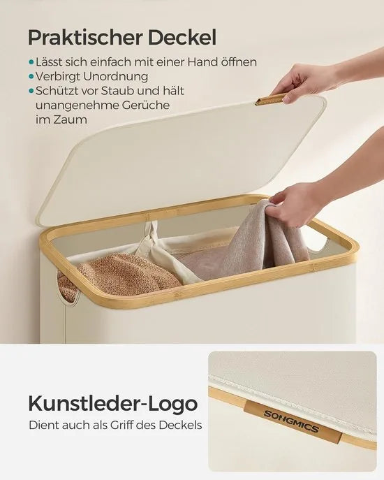 FurnStar - Wasmand met deksel - Wasverzamelaar met 2 vakken - 130 Lt - Uitneembare waszak - Oxford-weefsel - Handgrepen van bamboe - Inklapbaar - 52 x 38,5 x 70,5 cm - cremewit