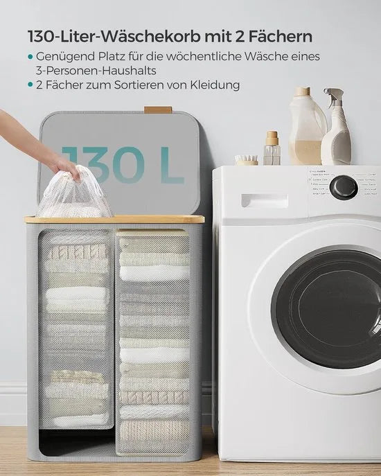 FurnStar - Wasmand met deksel - Wasverzamelaar met 2 vakken - 130 Lt - Uitneembare waszak - Oxford-weefsel - Handgrepen van bamboe - Inklapbaar - 52 x 38,5 x 70,5 cm - cremewit – Duifgrijs