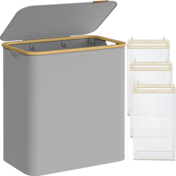 FurnStar - Wasmand met deksel - Wasverzamelaar met 3 vakken - 130 Lt - Uitneembare waszak - Oxford-weefsel - Handgrepen van bamboe - Inklapbaar - 60 x 38,5 x 70,5 cm - duifgrijs