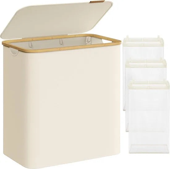 FurnStar - Wasmand met deksel - Wasverzamelaar met 3 vakken - 150 Lt - Uitneembare waszak - Oxford-weefsel - Handgrepen van bamboe - Inklapbaar - 60 x 38,5 x 70,5 cm - inktzwart – Cremewit