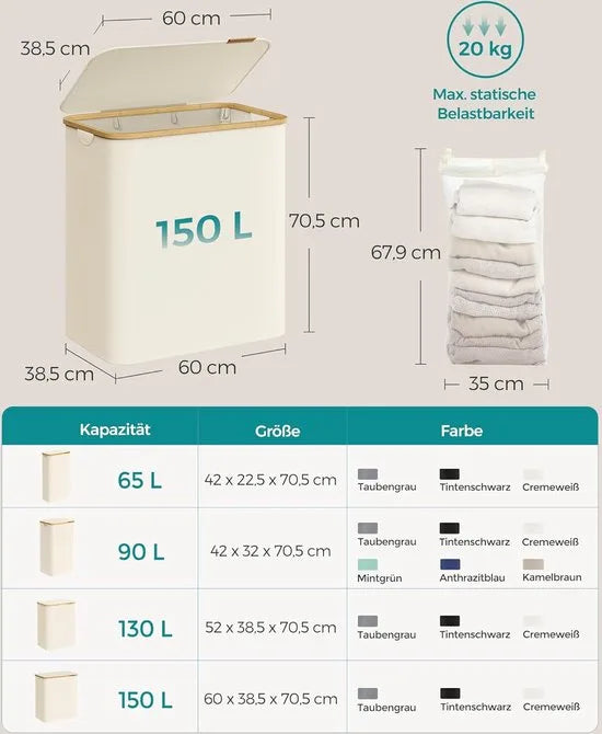 FurnStar - Wasmand met deksel - Wasverzamelaar met 3 vakken - 150 Lt - Uitneembare waszak - Oxford-weefsel - Handgrepen van bamboe - Inklapbaar - 60 x 38,5 x 70,5 cm - inktzwart – Cremewit