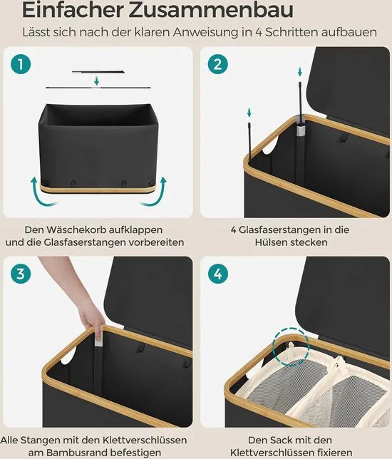 FurnStar - Wasmand met deksel - Wasverzamelaar met 3 vakken - 150 Lt - Uitneembare waszak - Oxford-weefsel - Handgrepen van bamboe - Inklapbaar - 60 x 38,5 x 70,5 cm - inktzwart