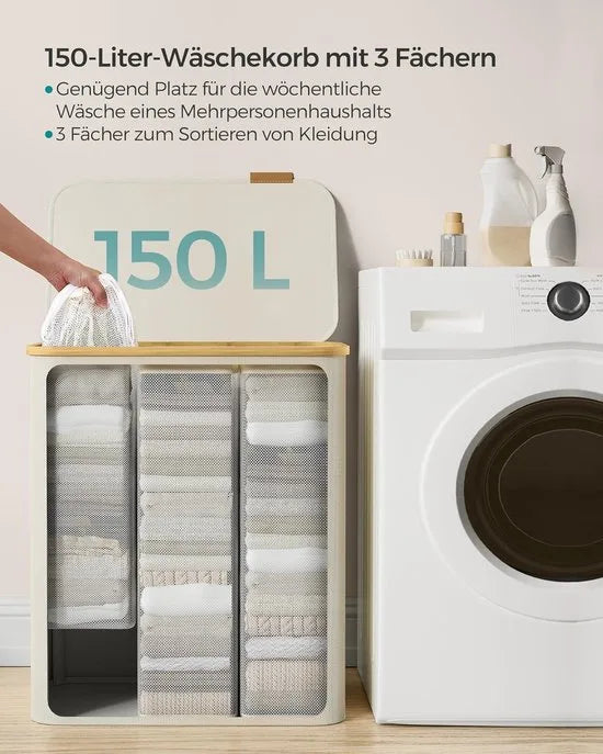 FurnStar - Wasmand met deksel - Wasverzamelaar met 3 vakken - 150 Lt - Uitneembare waszak - Oxford-weefsel - Handgrepen van bamboe - Inklapbaar - 60 x 38,5 x 70,5 cm - inktzwart – Cremewit