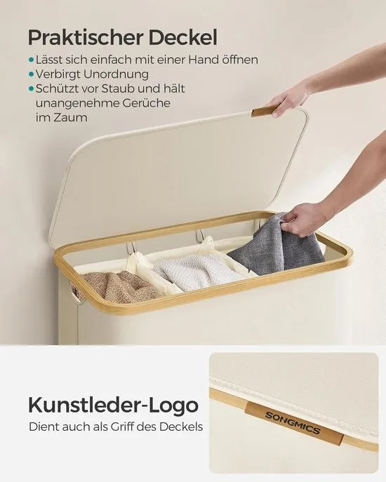 FurnStar - Wasmand met deksel - Wasverzamelaar met 3 vakken - 150 Lt - Uitneembare waszak - Oxford-weefsel - Handgrepen van bamboe - Inklapbaar - 60 x 38,5 x 70,5 cm - inktzwart – Cremewit