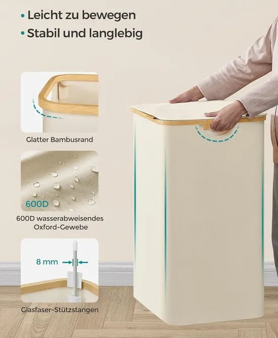 FurnStar - Wasmand met deksel - Wasverzamelaar met 3 vakken - 150 Lt - Uitneembare waszak - Oxford-weefsel - Handgrepen van bamboe - Inklapbaar - 60 x 38,5 x 70,5 cm - inktzwart – Cremewit