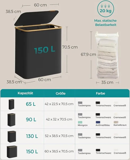 FurnStar - Wasmand met deksel - Wasverzamelaar met 3 vakken - 150 Lt - Uitneembare waszak - Oxford-weefsel - Handgrepen van bamboe - Inklapbaar - 60 x 38,5 x 70,5 cm - inktzwart