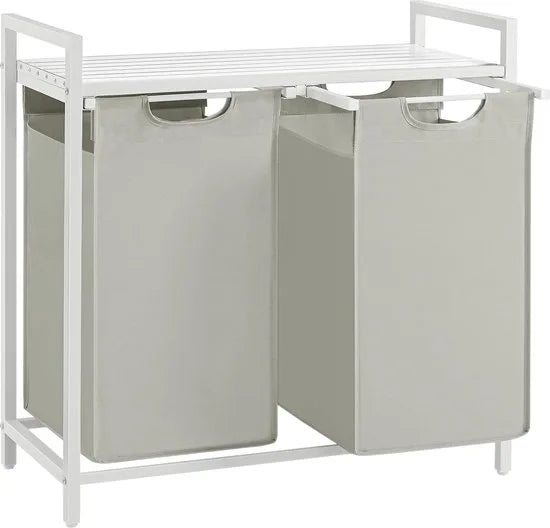 FurnStar - Wasmand - Wasmand met 2 compartimenten - Uittrekbare en verwijderbare waszakken - Wassorteerder - Plank - Metalen frame - 2 x 46L - 73 x 33 x 72 cm - Wit