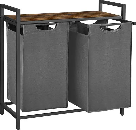FurnStar - Wasmand - Wasmand met 2 compartimenten - Uittrekbare en verwijderbare waszakken - Wassorteerder - Plank - Metalen frame - 2 x 46L - 73 x 33 x 72 cm - Rustiek bruin en grijs – Rustiek bruin en grijs