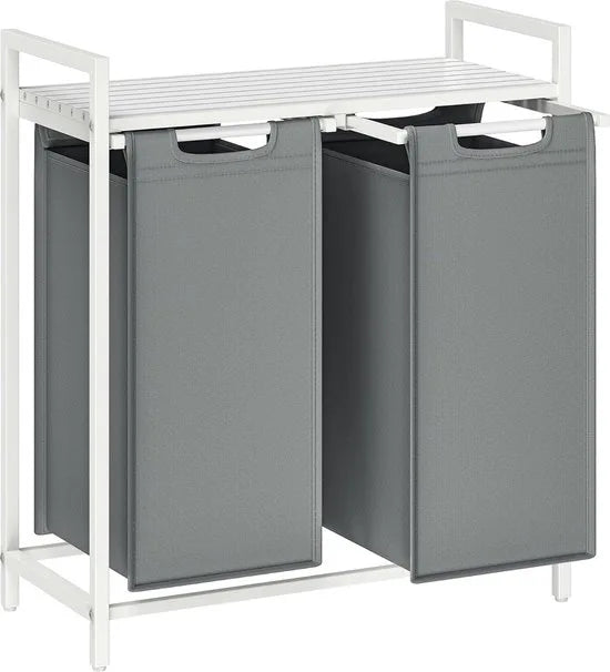 FurnStar - Wasmand - Wasmand met 2 compartimenten - Uittrekbare en verwijderbare waszakken - Wassorteerder - Plank - Metalen frame - 2 x 46L - 73 x 33 x 72 cm - Rustiek bruin en grijs – Wit en lichtgrijs