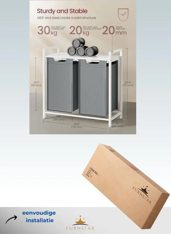 FurnStar - Wasmand - Wasmand met 2 compartimenten - Uittrekbare en verwijderbare waszakken - Wassorteerder - Plank - Metalen frame - 2 x 46L - 73 x 33 x 72 cm - Rustiek bruin en grijs – Wit en lichtgrijs