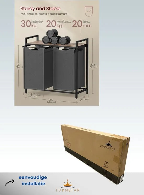 FurnStar - Wasmand - Wasmand met 2 compartimenten - Uittrekbare en verwijderbare waszakken - Wassorteerder - Plank - Metalen frame - 2 x 46L - 73 x 33 x 72 cm - Rustiek bruin en grijs