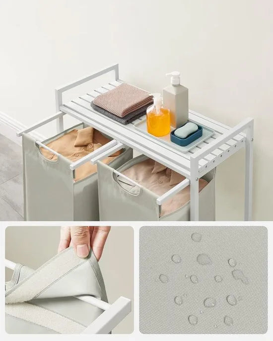 FurnStar - Wasmand - Wasmand met 2 compartimenten - Uittrekbare en verwijderbare waszakken - Wassorteerder - Plank - Metalen frame - 2 x 46L - 73 x 33 x 72 cm - Rustiek bruin en grijs – Cremewit