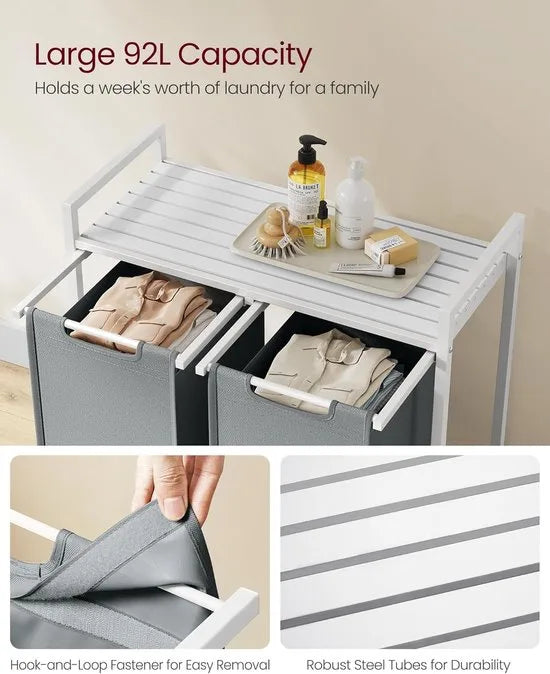 FurnStar - Wasmand - Wasmand met 2 compartimenten - Uittrekbare en verwijderbare waszakken - Wassorteerder - Plank - Metalen frame - 2 x 46L - 73 x 33 x 72 cm - Rustiek bruin en grijs – Wit en lichtgrijs