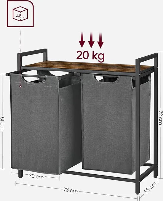 FurnStar - Wasmand - Wasmand met 2 compartimenten - Uittrekbare en verwijderbare waszakken - Wassorteerder - Plank - Metalen frame - 2 x 46L - 73 x 33 x 72 cm - Rustiek bruin en grijs – Rustiek bruin en grijs