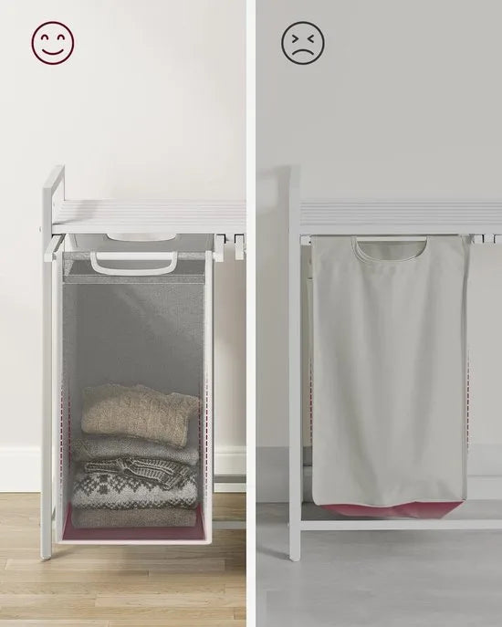 FurnStar - Wasmand - Wasmand met 2 compartimenten - Uittrekbare en verwijderbare waszakken - Wassorteerder - Plank - Metalen frame - 2 x 46L - 73 x 33 x 72 cm - Rustiek bruin en grijs – Cremewit