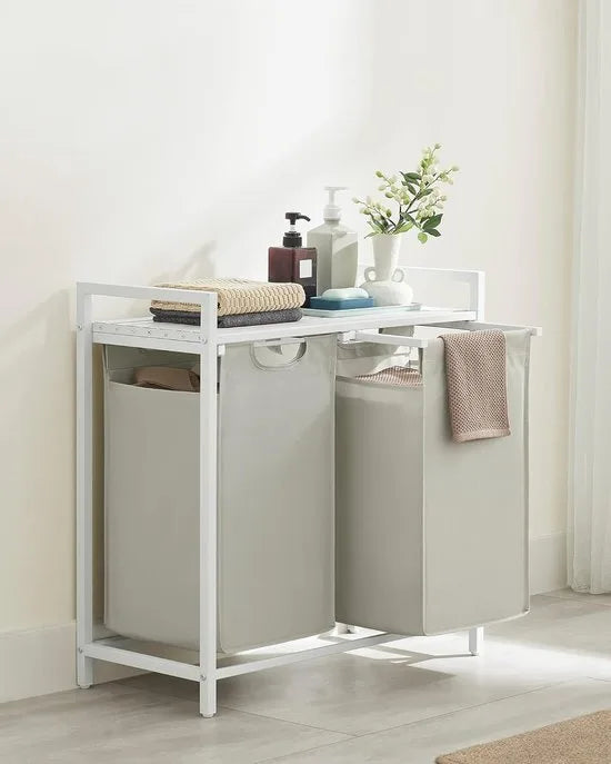 FurnStar - Wasmand - Wasmand met 2 compartimenten - Uittrekbare en verwijderbare waszakken - Wassorteerder - Plank - Metalen frame - 2 x 46L - 73 x 33 x 72 cm - Rustiek bruin en grijs – Cremewit