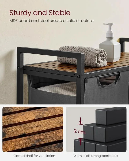 FurnStar - Wasmand - Wasmand met 2 compartimenten - Uittrekbare en verwijderbare waszakken - Wassorteerder - Plank - Metalen frame - 2 x 46L - 73 x 33 x 72 cm - Rustiek bruin en grijs – Rustiek bruin en grijs