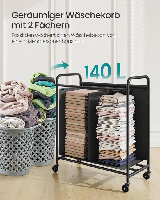 Furnstar Wasmand - Wasmand met wieltjes - 2 vakken - 140L wassorteerder - Beweegbare waswagen - Met 5 etiketten - Voor bijkeuken slaapkamer badkamer - Inktzwart
