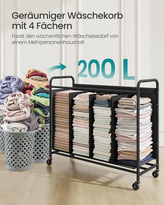 Furnstar Wasmand - Wasmand met wieltjes - 4 vakken - 200L wassorteerder - Beweegbare waswagen - Met 5 etiketten - Voor bijkeuken slaapkamer badkamer - Inktzwart